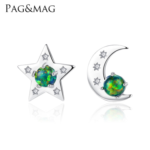 925 Sterling Silver Opal Earrings, Unique Moon & Star Opal Stud Earrings SE0420