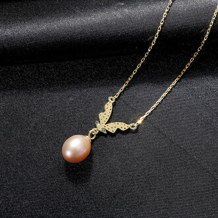  Freshwater Pearl Necklace with Dazzling CZ Wings Pendant 