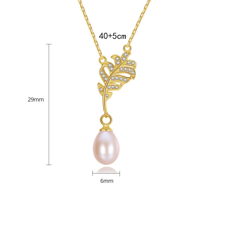 Freshwater Pearl Necklace with Leaf CZ Diamond Pendant