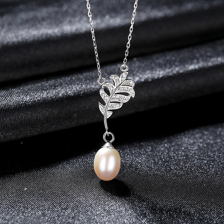 Freshwater Pearl Necklace with Leaf CZ Diamond Pendant