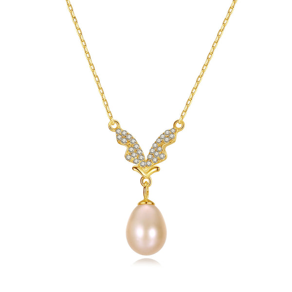  Freshwater Pearl Necklace with Dazzling CZ Wings Pendant 