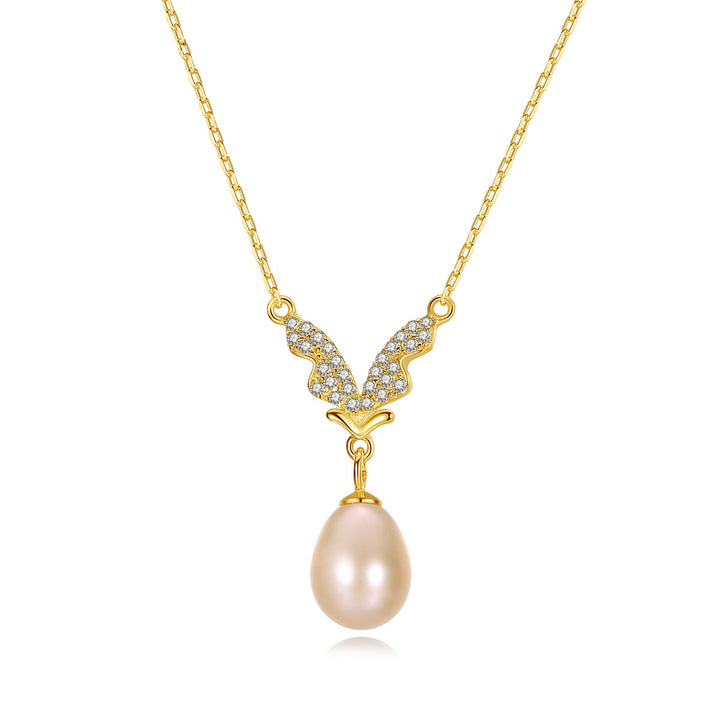  Freshwater Pearl Necklace with Dazzling CZ Wings Pendant 