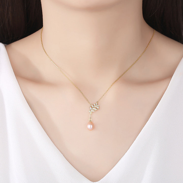 Freshwater Pearl Necklace with Leaf CZ Diamond Pendant