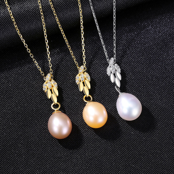 Freshwater Pearl Ear of Wheat CZ Diamond Pendant Necklace