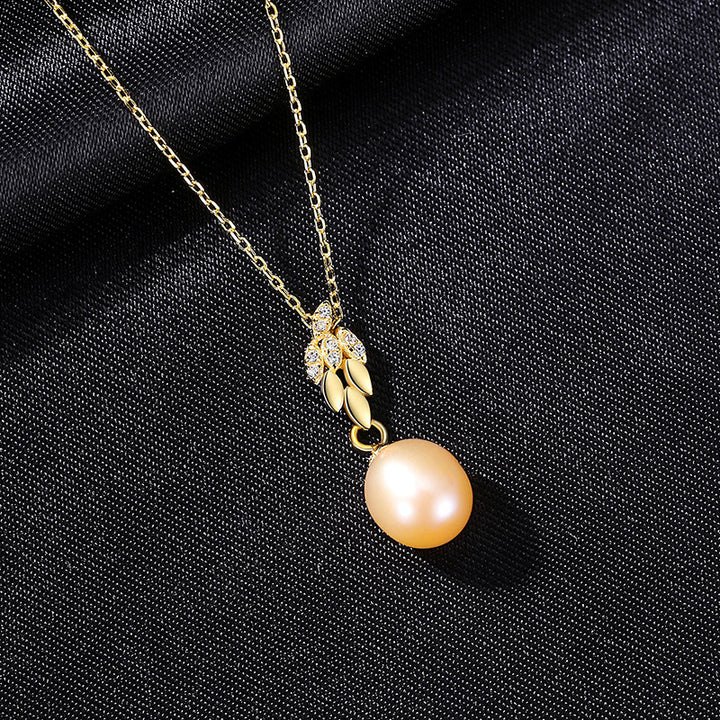 Freshwater Pearl Ear of Wheat CZ Diamond Pendant Necklace