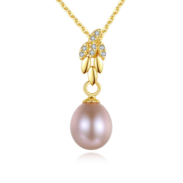 Freshwater Pearl Ear of Wheat CZ Diamond Pendant Necklace