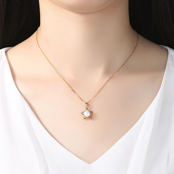 Natural Freshwater Pearl Necklace | Hollow Pentagram Pendant