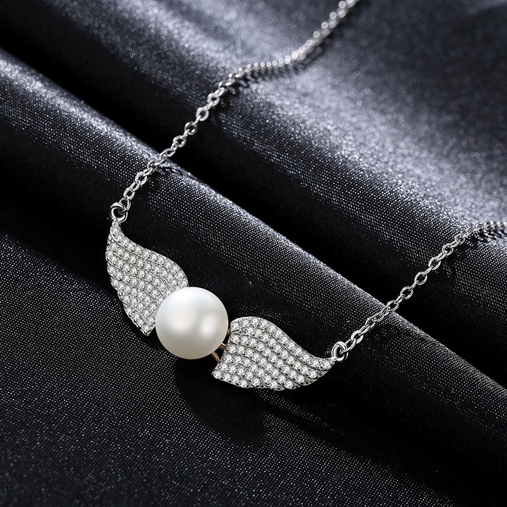 Freshwater Pearl & Angel Wings Pendant | Silver Necklace