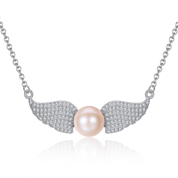 Freshwater Pearl & Angel Wings Pendant | Silver Necklace