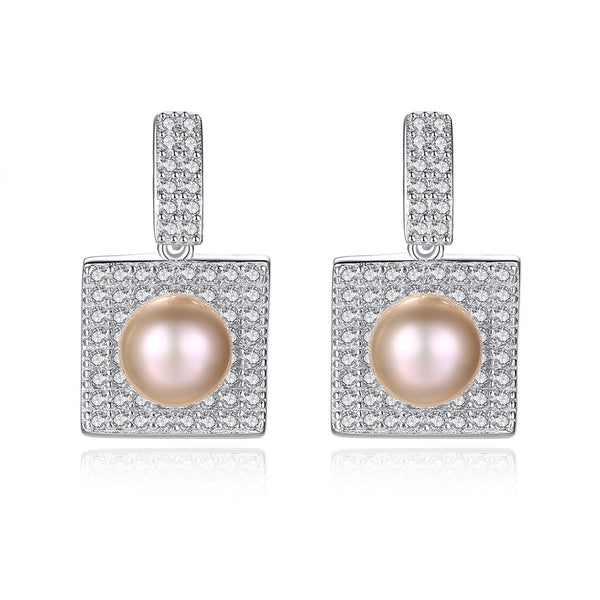 Square Halo & Freshwater Pearl Studs | 925 Sterling Silver