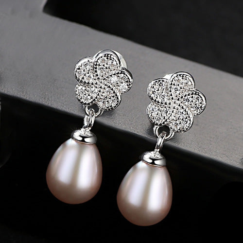 Halo CZ Diamond Flower & Pearl Drop Earrings | Sterling Silver