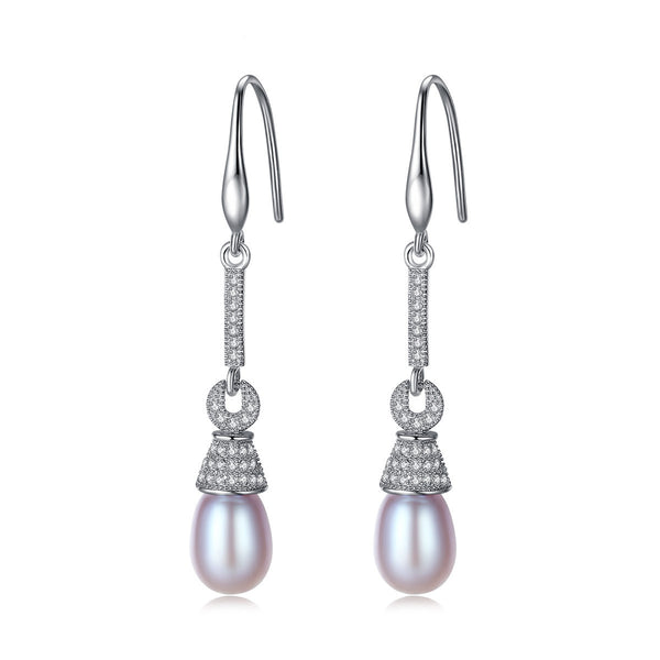 CZ Diamond & Pearl Long Dangle Earrings | Sterling Silver