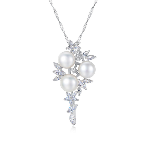 Triple Pearl Blossom Pendant Necklace - 925 Sterling Silver