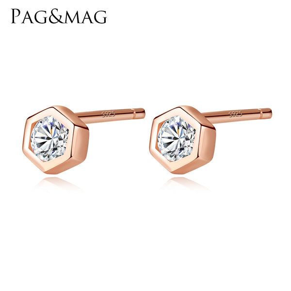 Rose Gold Hexagon Bezel Set Stud Earrings | Silver & Gold Plated