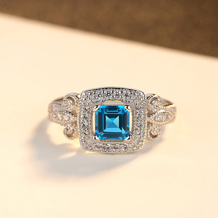 Square Gemstone Halo CZ Diamond Engagement Wedding Ring 