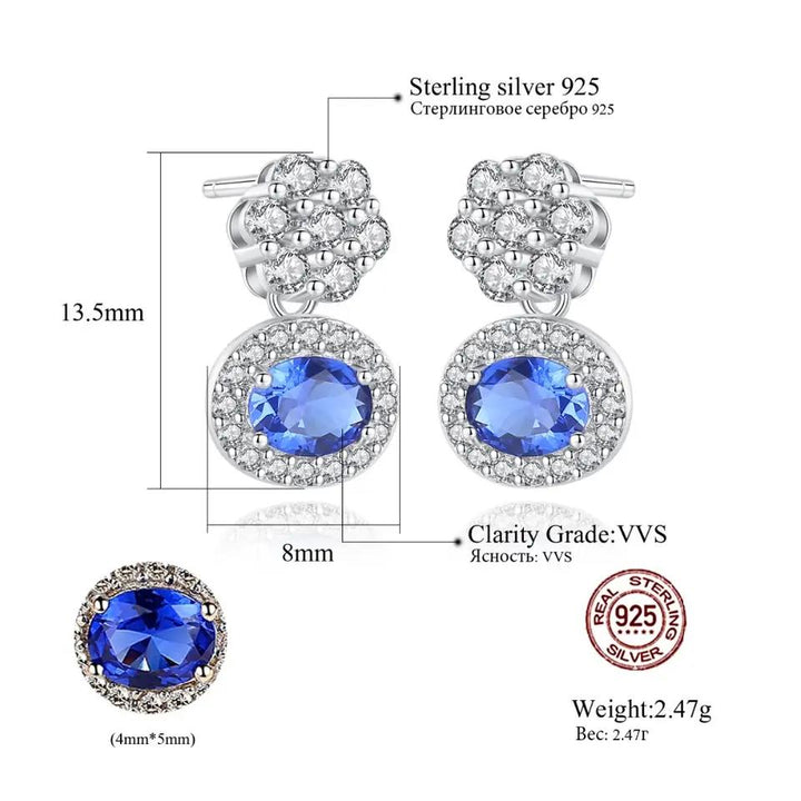 Round Sapphire Gemstone Halo CZ Diamond Dangle Stud Earrings 