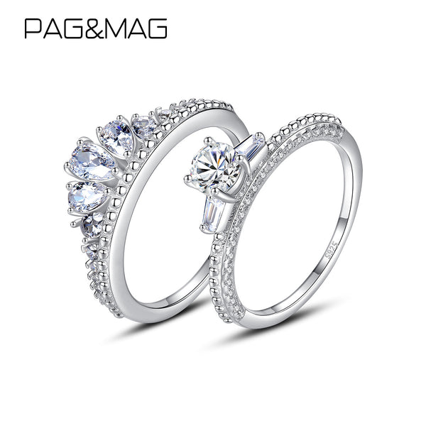 Double Stackable Engagement Wedding Rings Silver Set 