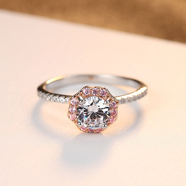 4 Prong Solitaire Single Row Pink CZ Diamond Engagement Ring