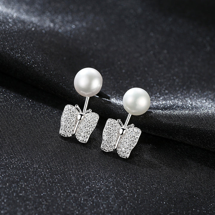 Butterfly & Pearl Stud Earrings | 925 Sterling Silver