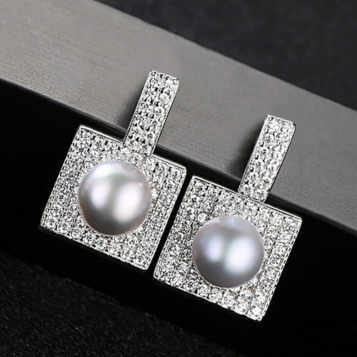 Square Halo & Freshwater Pearl Studs | 925 Sterling Silver