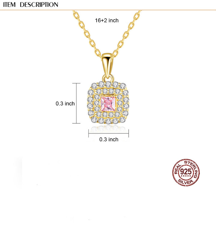 Pink Square CZ Diamond Halo Pendant Necklace